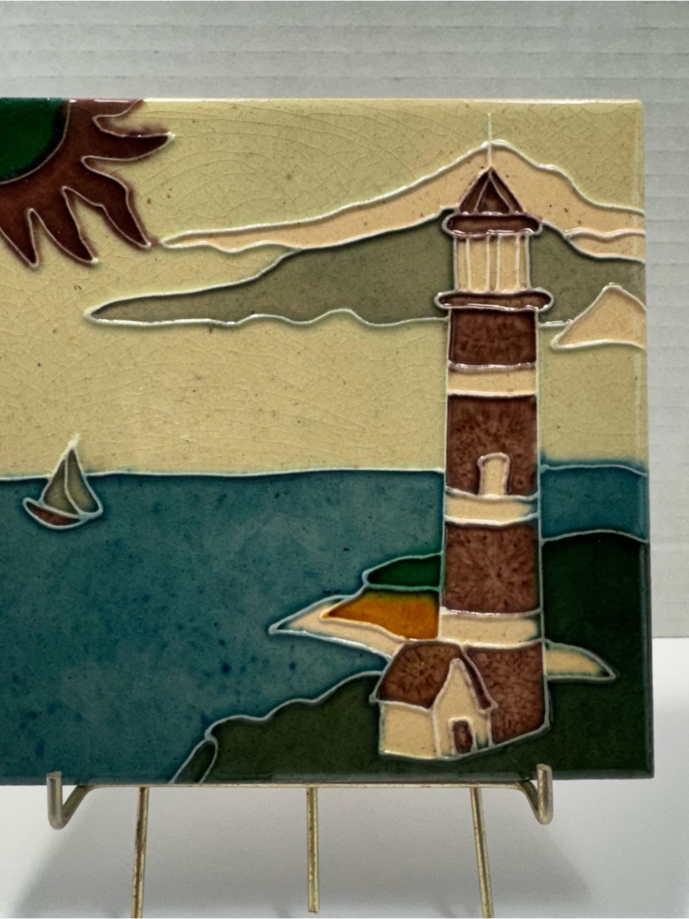 Vintage Ceramic Tile Hand Painted Lighthouse Scene Raised Outlines, 6x6”